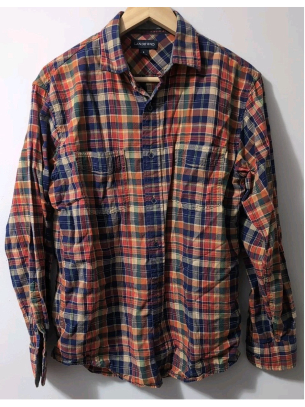 Lands' End Plaid Flannel Long Sleeve Button Up Mens Small 14-14.5 Orange Blue